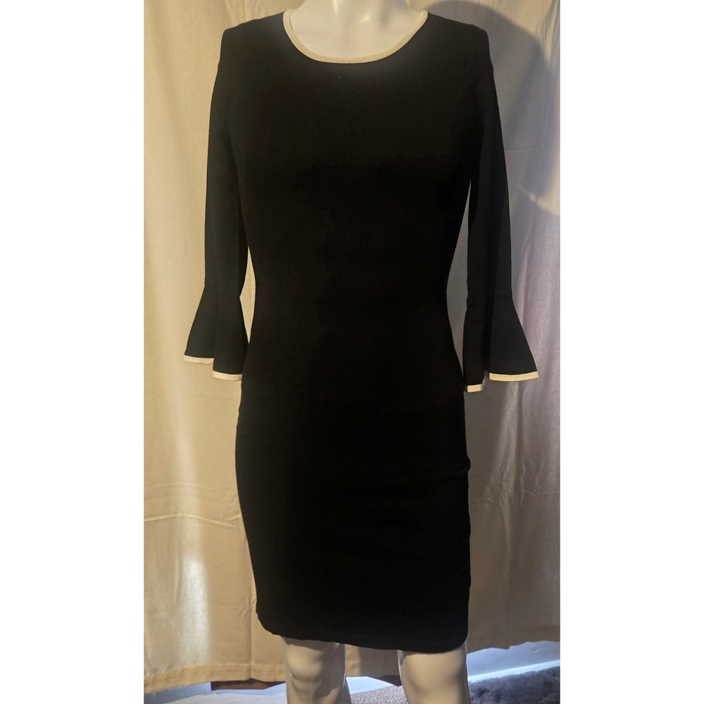 Calvin Klein Black Bell Sleeve Knit Sheath Dress Contrast Trim CD8W13FU Small